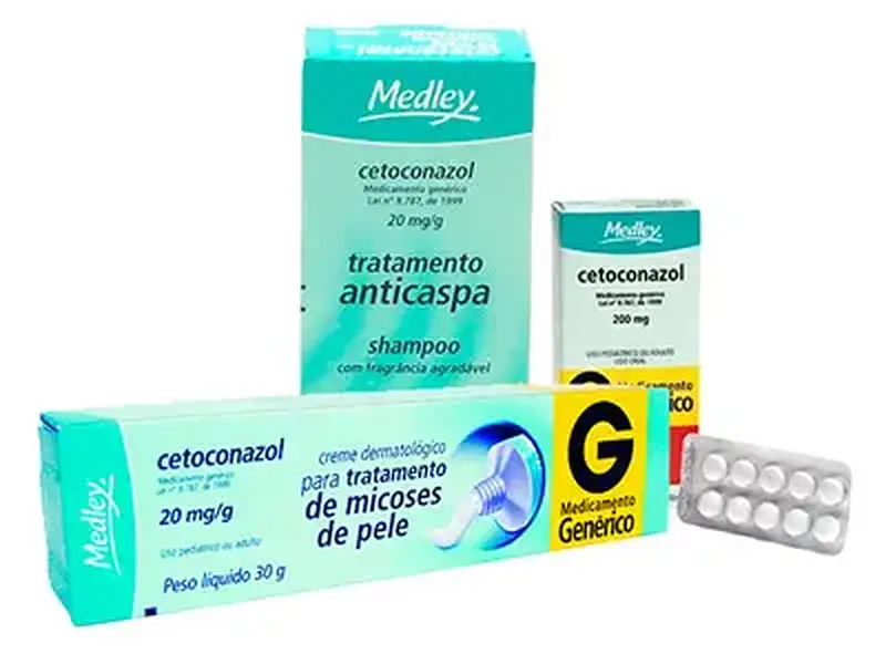 Embalagens de cetoconazol da Medley: xampu anticaspa, creme dermatológico, comprimidos e cartela