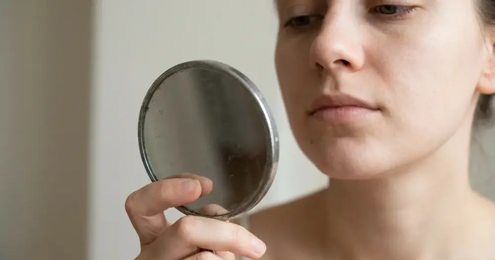 Mulher adulta observando a linha da mandíbula em um espelho de mão