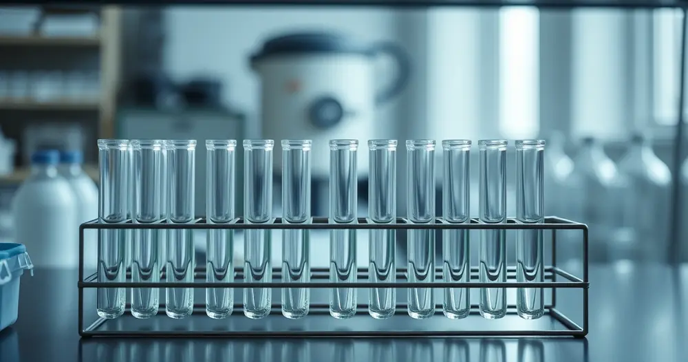 Estante com tubos de ensaio de vidro sobre bancada de laboratório de análises clínicas