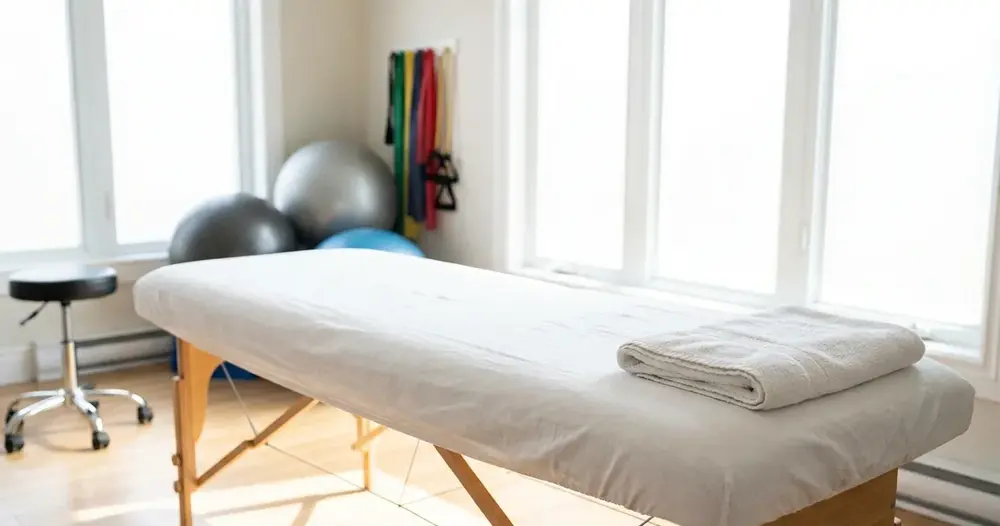 sala de fisioterapia com maca e toalha dobrada, ambiente claro