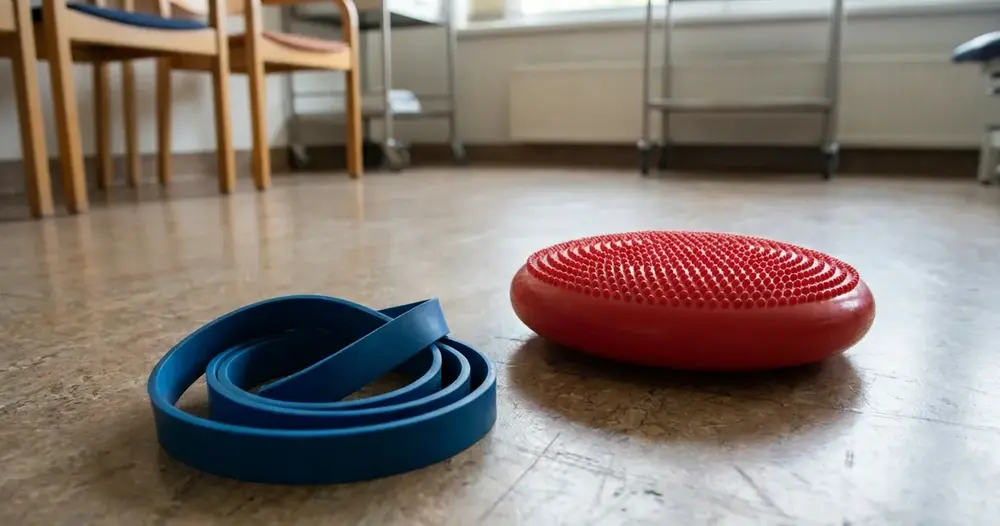 faixa elástica de fisioterapia e disco de equilíbrio no piso de uma clínica