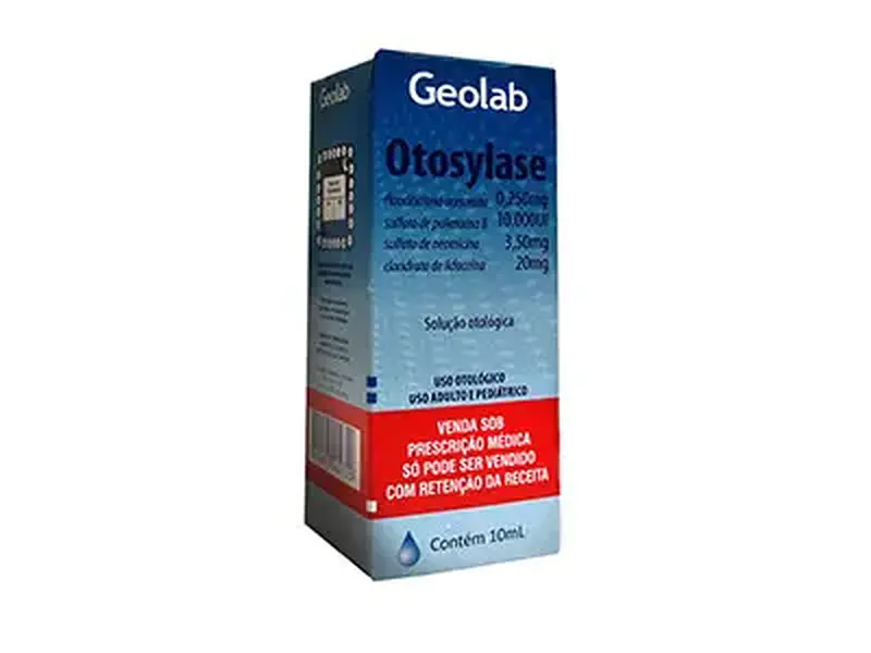 Caixa de Otosylase, solução otológica em frasco gotejador de 10 mL, do laboratório Geolab